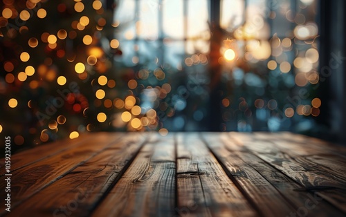Rustic Wooden Table With Christmas Lights