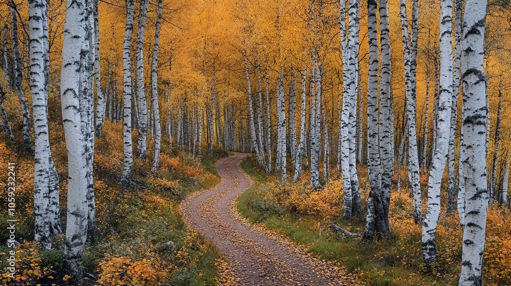 Obraz premium Autumn Birch Forest with Golden Leaves and Winding Dirt Path