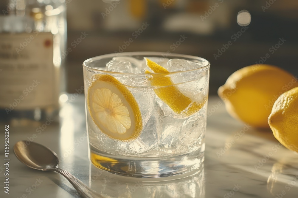 Detailed view of a freshly made gin and tonic with lemon slices and a spoon on the countertop Detailed view of a freshly made gin and tonic with lemon slices and a spoon on the countertop