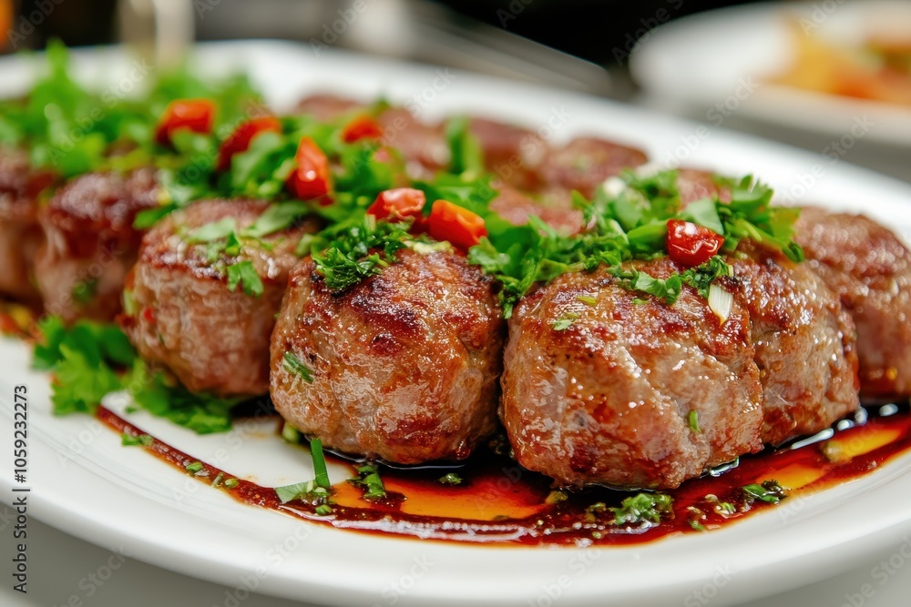 Detailed view of a gourmet meal featuring stuffed meat rolls decorated with green veggies and red spices arranged on a white plate in a professional kitchen Detailed view of a gourmet meal featuring stuffed meat rolls decorated with green veggies and red spices arranged on a white plate in a professional kitchen