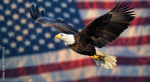 Bald eagle soaring majestically over a blurred American flag backdrop at sunset