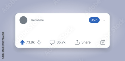 Reddit inspired post interface. Blog post template. Upvote, downvote, comment, share publication mockup. Redit social media layout. Like, dislike media. Vector illustration