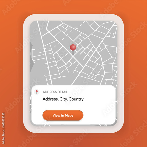 Location Card template. Find cafe, shop,  institution, facility, establishment on map. GPS geolocation ui mock-up. Share address details. View in google maps interface. Navigation Vector illustration