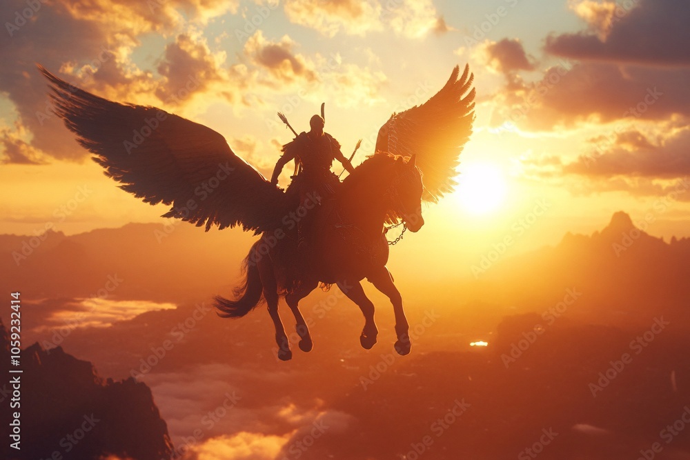 A rider on a majestic pegasus, dressed in Greek mythology attire, flying over mountains, sunrise, clouds 1 A rider on a majestic pegasus, dressed in Greek mythology attire, flying over mountains, sunrise, clouds 1