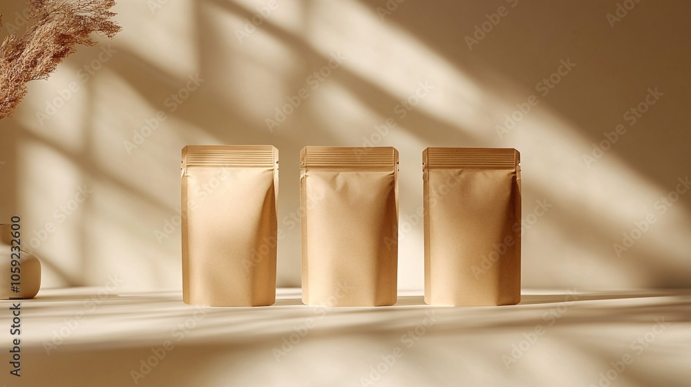 Three eco-friendly, kraft-paper bags are arranged aesthetically on a surface, bathed in soft natural light, with a hint of minimalistic decor in the background. Three eco-friendly, kraft-paper bags are arranged aesthetically on a surface, bathed in soft natural light, with a hint of minimalistic decor in the background.