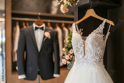 wedding dress and male suit on hangers in the store photo