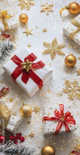 Festive holiday gifts arranged on a cheerful, sparkling background with ornam...