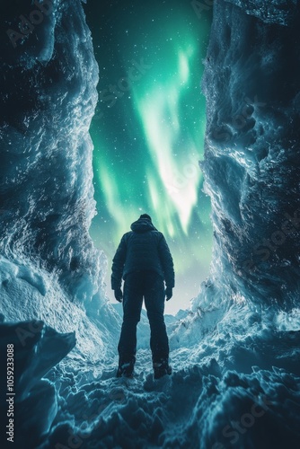 A person stands in an ice cave under the northern lights in wintertime