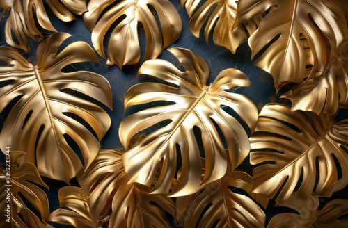 Close-Up View of Golden Monstera Leaves on a Dark Background