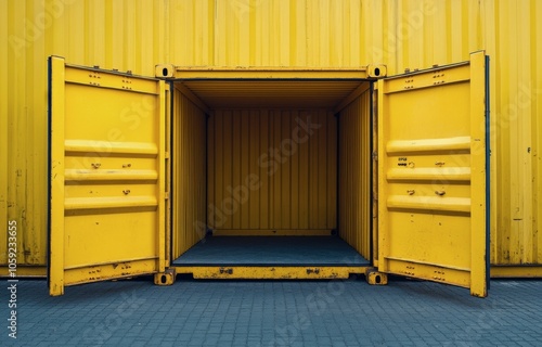 Bright yellow shipping container with wide open doors in an industrial area d...