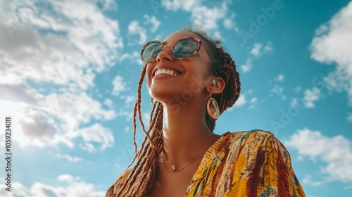 Young woman with braided hair smiles under a bright blue sky on a sunny day