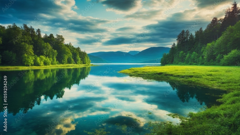 Obraz premium Breathtaking aerial view of a vibrant summer lake shore, embraced by lush green forests and grass, showcasing tranquil beauty and vibrant colors for ultimate relaxation.