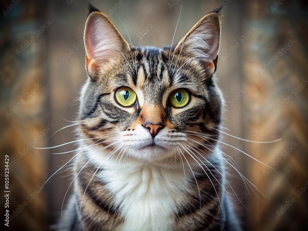 Fototapeta premium Adorable Grey and White Tabby Cat with Large Whiskers Captivating Gaze in Portrait Photography