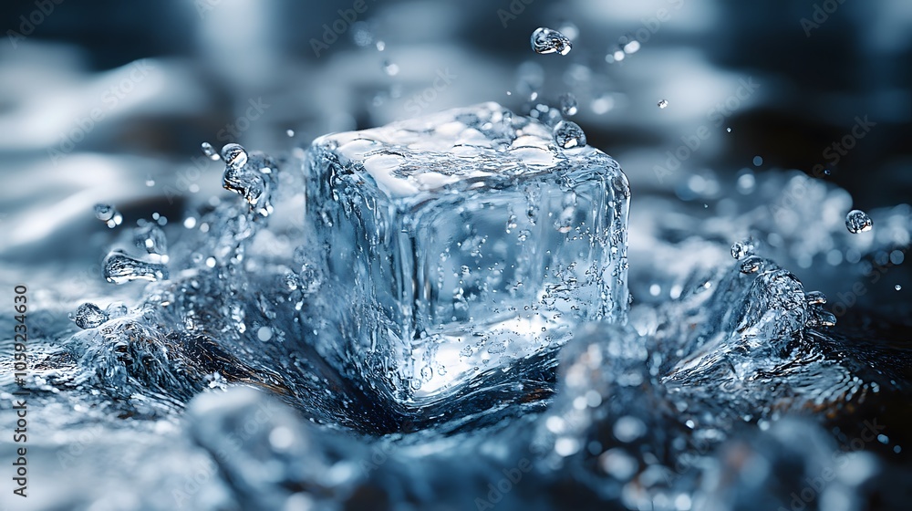 Hyperrealistic 3D scene of a crystal-clear ice cube melting, realistic textures and lighting effects Hyperrealistic 3D scene of a crystal-clear ice cube melting, realistic textures and lighting effects