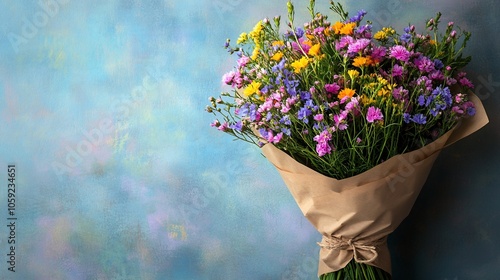 Wallpaper Mural A colorful bouquet of wildflowers wrapped in brown paper against a blue background. Torontodigital.ca