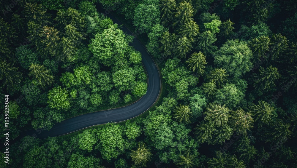 Aerial View of Winding Asphalt Road Through Lush Green Forest and Mountains in Summer, Bird's-Eye Perspective in Europe, Landscape Photography