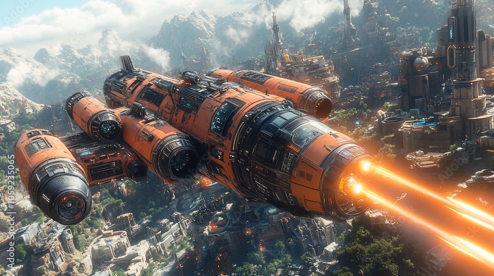 A futuristic spaceship flying over a city with mountains in the background. A futuristic spaceship flying over a city with mountains in the background.