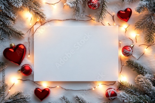 Festive holiday decorations with red ornaments, hearts, and lights surroundin...