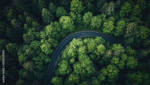 Aerial View of Winding Asphalt Road Through Lush Green Forest and Mountains in Summer, Bird's-Eye Perspective in Europe, Landscape Photography