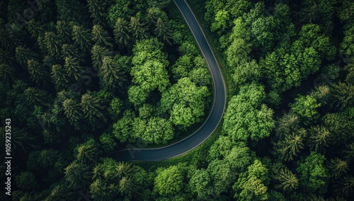 Aerial View of Winding Asphalt Road Through Lush Green Forest and Mountains in Summer, Bird's-Eye Perspective in Europe, Landscape Photography