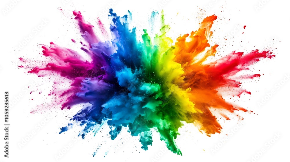 Dramatic rainbow color explosion on white background, radiant hues of red, blue, green, and yellow bursting outward Dramatic rainbow color explosion on white background, radiant hues of red, blue, green, and yellow bursting outward
