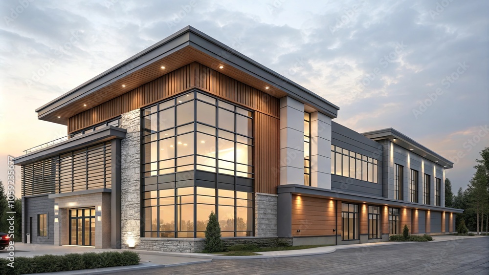 Modern Building Exterior with Large Windows at Dusk Modern Building Exterior with Large Windows at Dusk