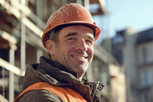 A happy construction worker with a hard hat, sunny day on a building site, mid-shot, front view 6 photo