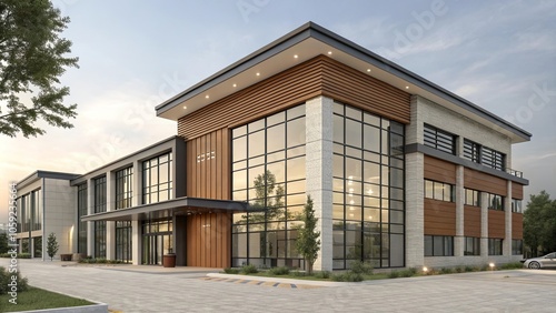 Modern Building Exterior Rendering with Glass Facade