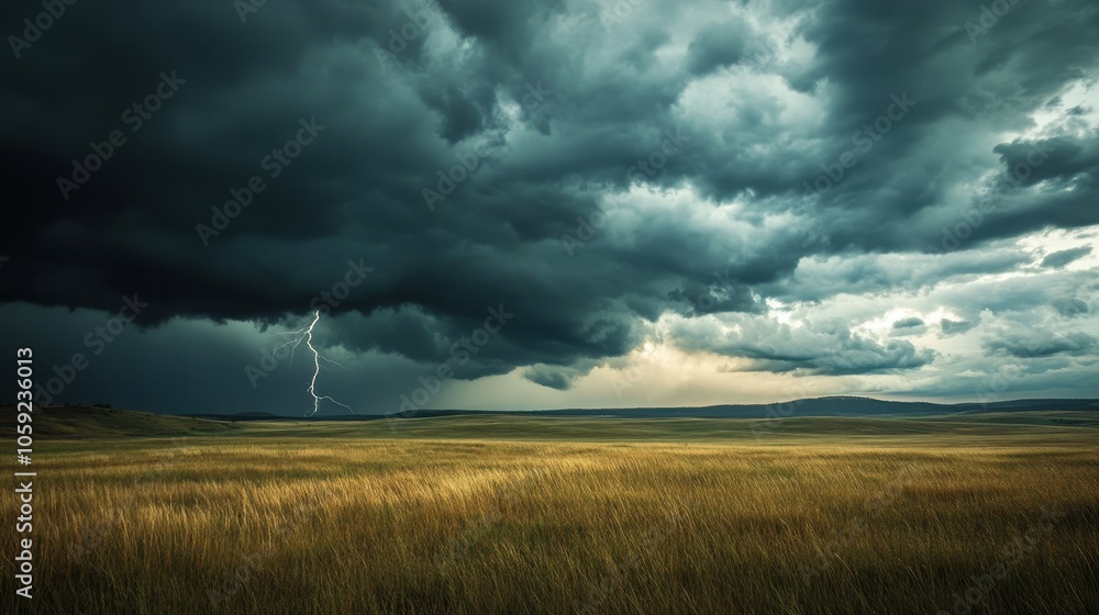 Dramatic Lightning Strike Over a Field of Tall Grass Under a Stormy Sky. Dramatic Lightning Strike Over a Field of Tall Grass Under a Stormy Sky.