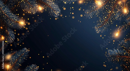 Festive winter decoration with pine branches, golden lights, and decorations ...