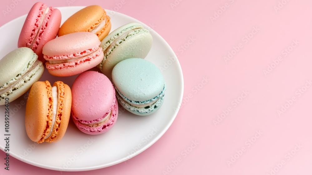 Elegant Pastel Macarons on a White Plate with Ample Negative Space for Text or Copy. Elegant Pastel Macarons on a White Plate with Ample Negative Space for Text or Copy.