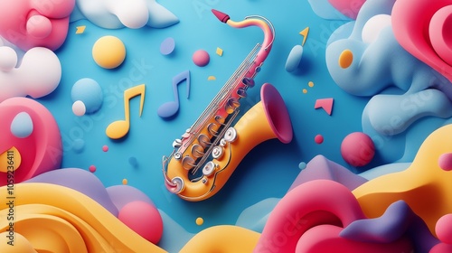 Colorful paper-cut saxophone amidst abstract waves in vibrant colors