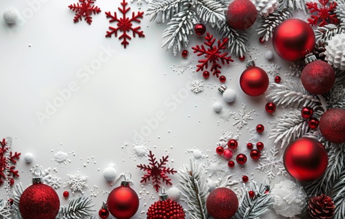 Festive Red Ornaments and Snow-Covered Pine Branches on a White Background