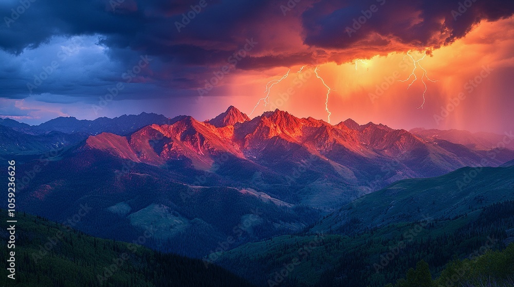 Dramatic Mountain Landscape with Storm and Lightning Over Peaks Dramatic Mountain Landscape with Storm and Lightning Over Peaks