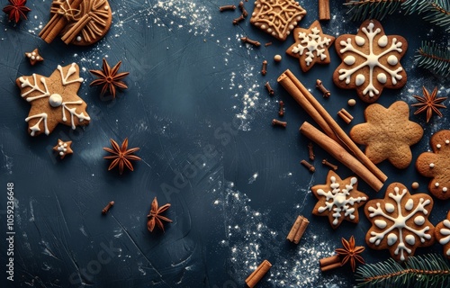 Gingerbread Cookies and Spices on Blue Background