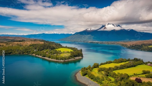Breathtaking aerial view of Puerto Octay in Chile's Lagos Region, featuring stunning landscapes with a serene lake, majestic mountains, and vibrant greenery—ideal for nature lovers and travelers.