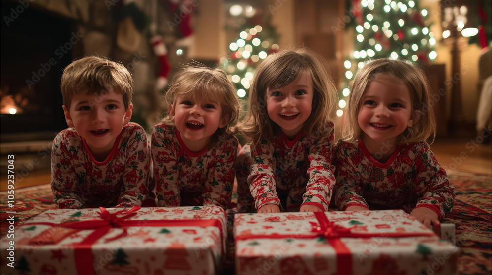 Children in pajamas unwrapping gifts on Christmas Children in pajamas unwrapping gifts on Christmas