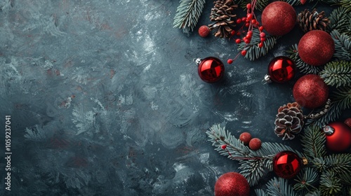 Red Christmas Ornaments and Pine Branches on a Dark Blue Background