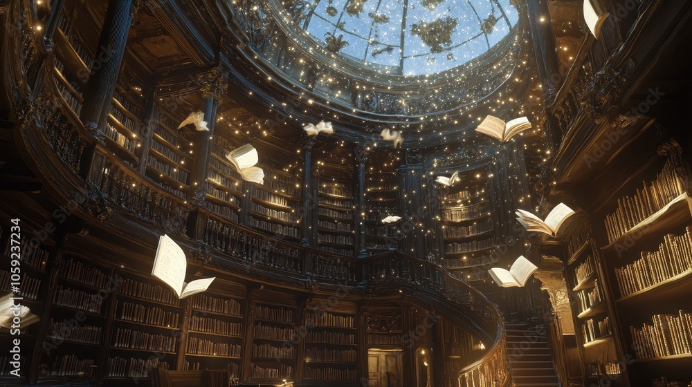 Obraz premium Magical Library with Flying Books and Glowing Lights.