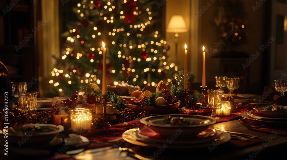 Festive Christmas Table Setting with Candles, Pine Cones, and a Blurred Christmas Tree in the Background. Festive Christmas Table Setting with Candles, Pine Cones, and a Blurred Christmas Tree in the Background.