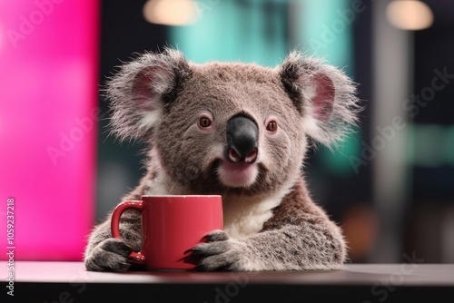 Adorable koala enjoying a hot drink in a cafe setting, blending nature with modern lifestyle. Perfect for cozy and whimsical themes. photo