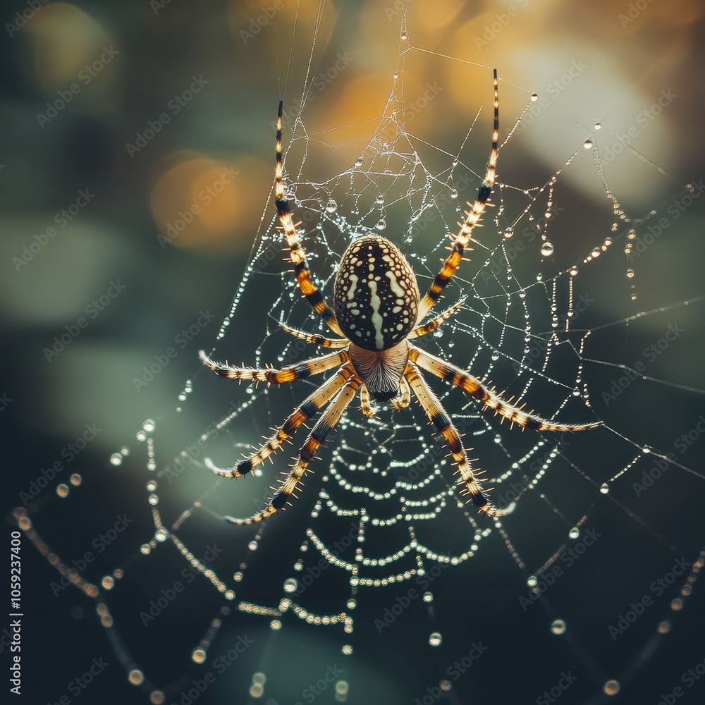 Macro Photography of a Garden Spider in its Web with Dew Drops - Nature's Delicate Beauty. Macro Photography of a Garden Spider in its Web with Dew Drops - Nature's Delicate Beauty.