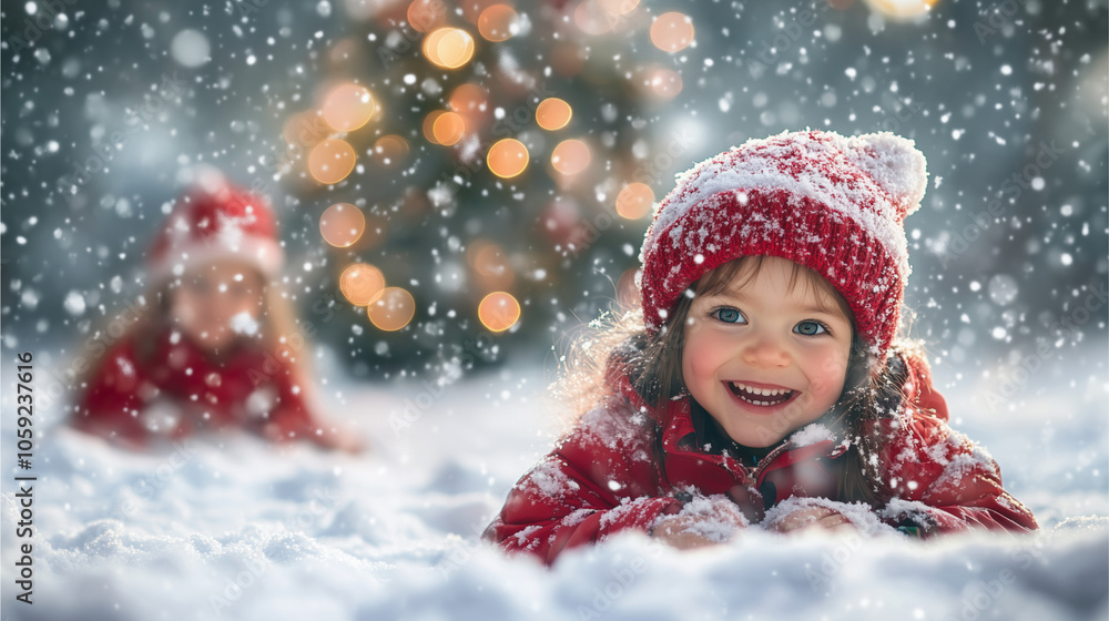 Children playing in the snow with a Christmas tree in the background Children playing in the snow with a Christmas tree in the background