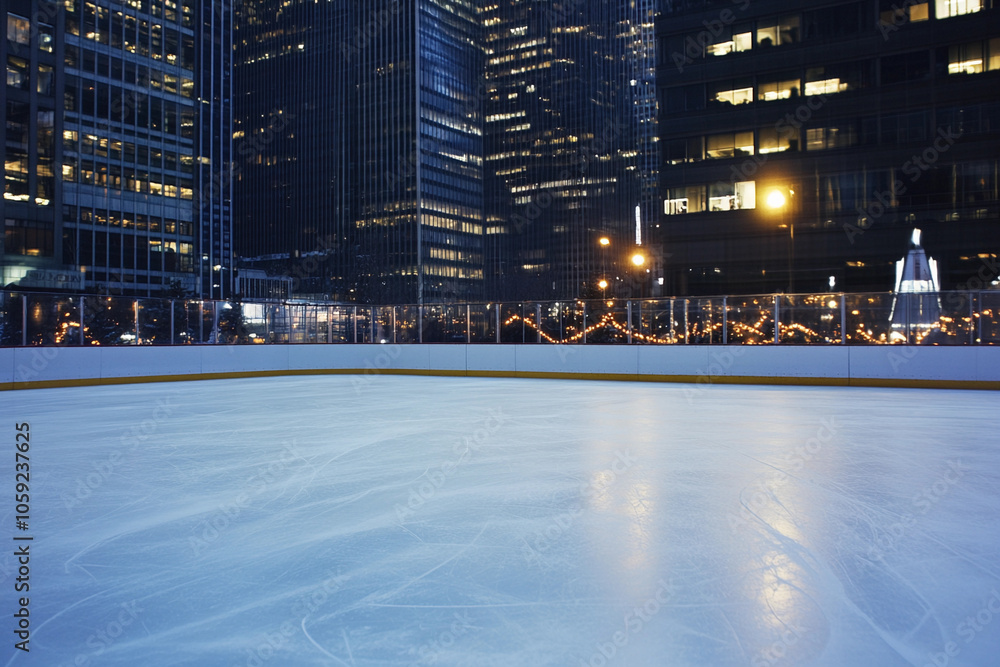 Obraz premium Evening ice skating rink in a cityscape after sunset