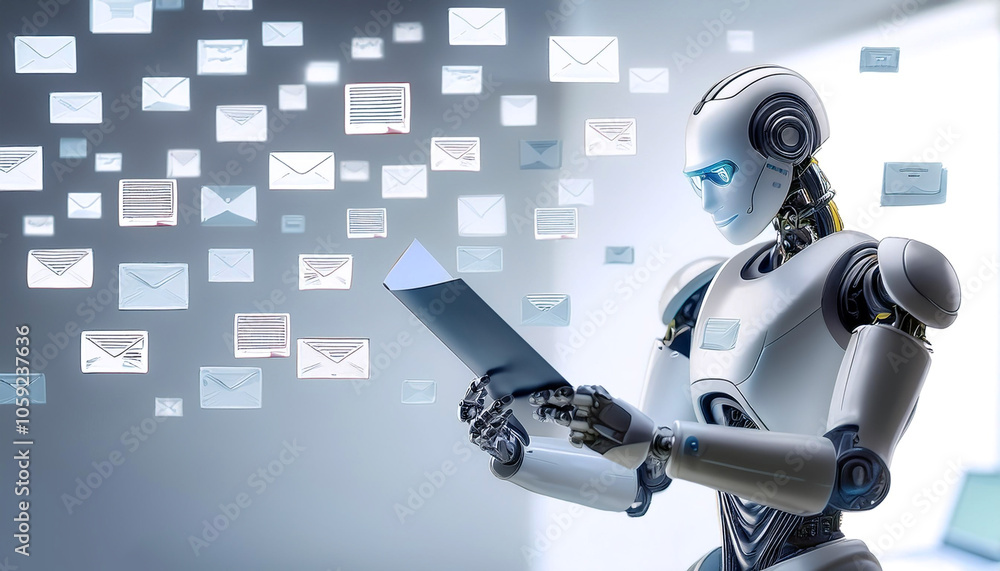 ai robot reading and reviewing phishing emails all day and night in a office adding security banners floating or flying isolated white background ai robot reading and reviewing phishing emails all day and night in a office adding security banners floating or flying isolated white background