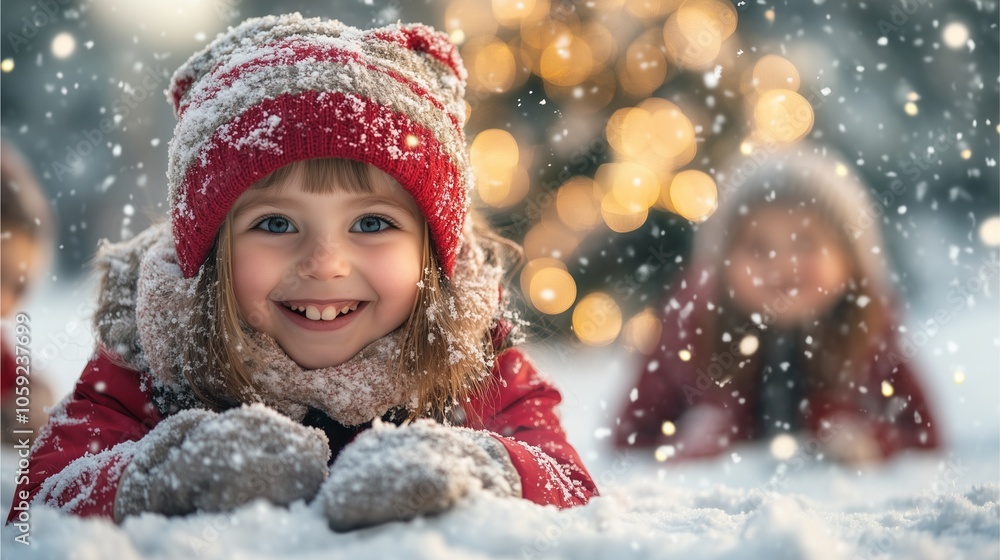 Children playing in the snow with a Christmas tree in the background Children playing in the snow with a Christmas tree in the background