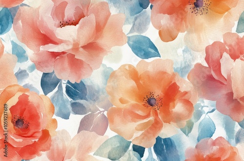 Soft watercolor flowers in shades of purple, pink, and orange against a light...