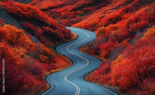 Winding road through vibrant autumn foliage in a mountainous region during su...