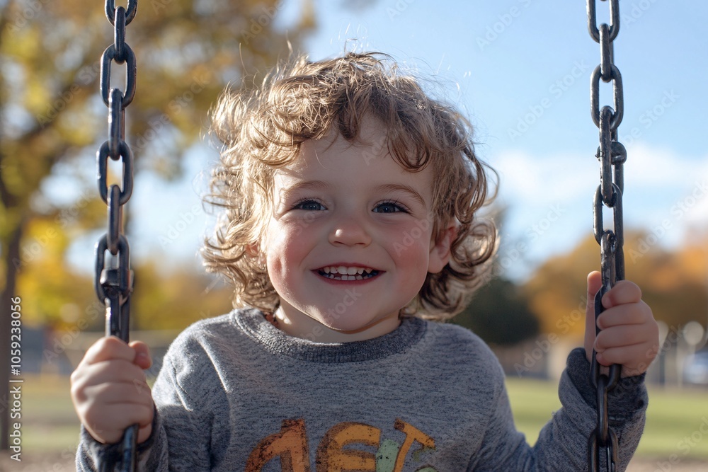 Child smiling while swinging at a school playground, wearing casual clothes, sunny day, playground equipment 4 Child smiling while swinging at a school playground, wearing casual clothes, sunny day, playground equipment 4