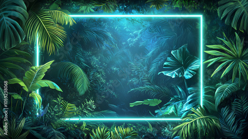 Fototapeta Naklejka Na Ścianę i Meble -  An intricate neon frame encloses a wild jungle filled with lush foliage, creating a striking contrast between the natural and the artificial. Artificial Jungle. Illustration